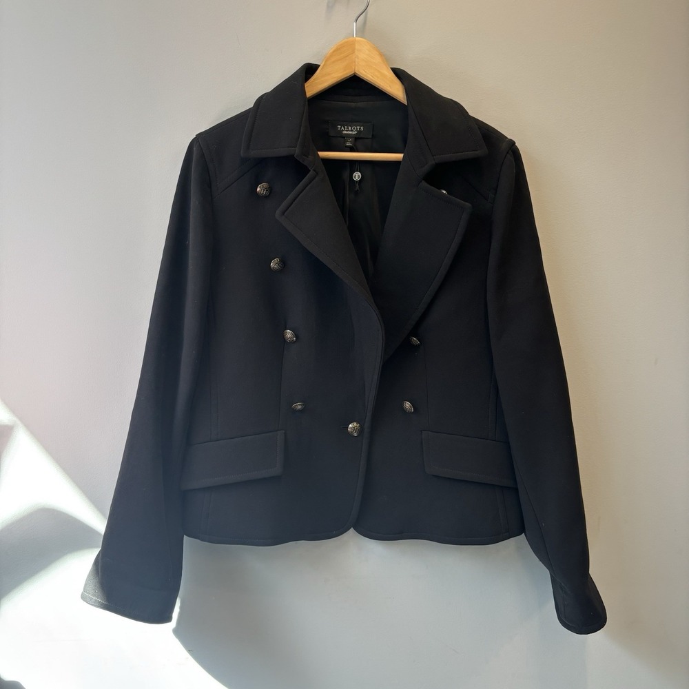 Talbots 14 Wool Military Jacket Black Double Breasted Pea Coat